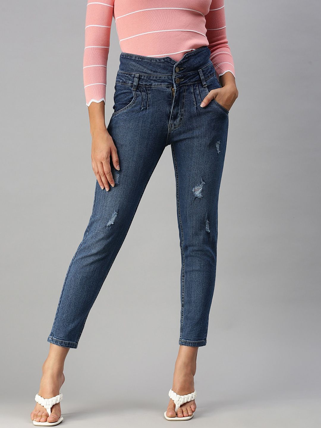 SHOWOFF Women Blue Slim Fit High-Rise Mildly Distressed Light Fade Stretchable Jeans Price in India