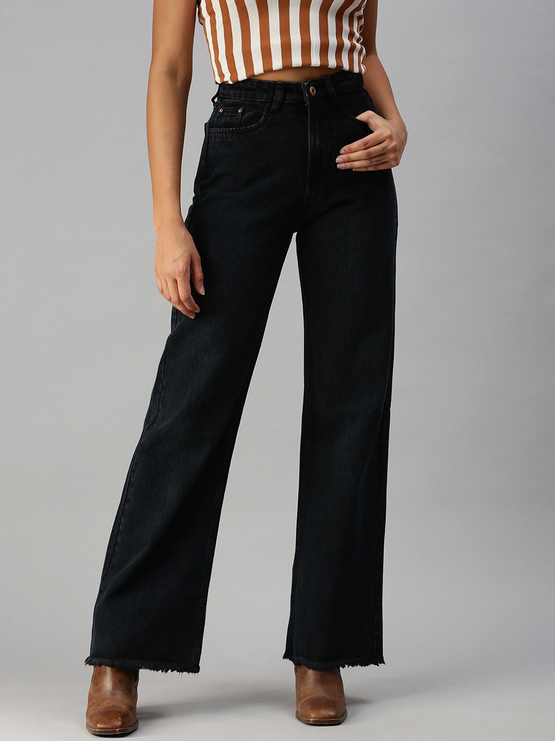 SHOWOFF Women Grey Wide Leg High-Rise Jeans Price in India