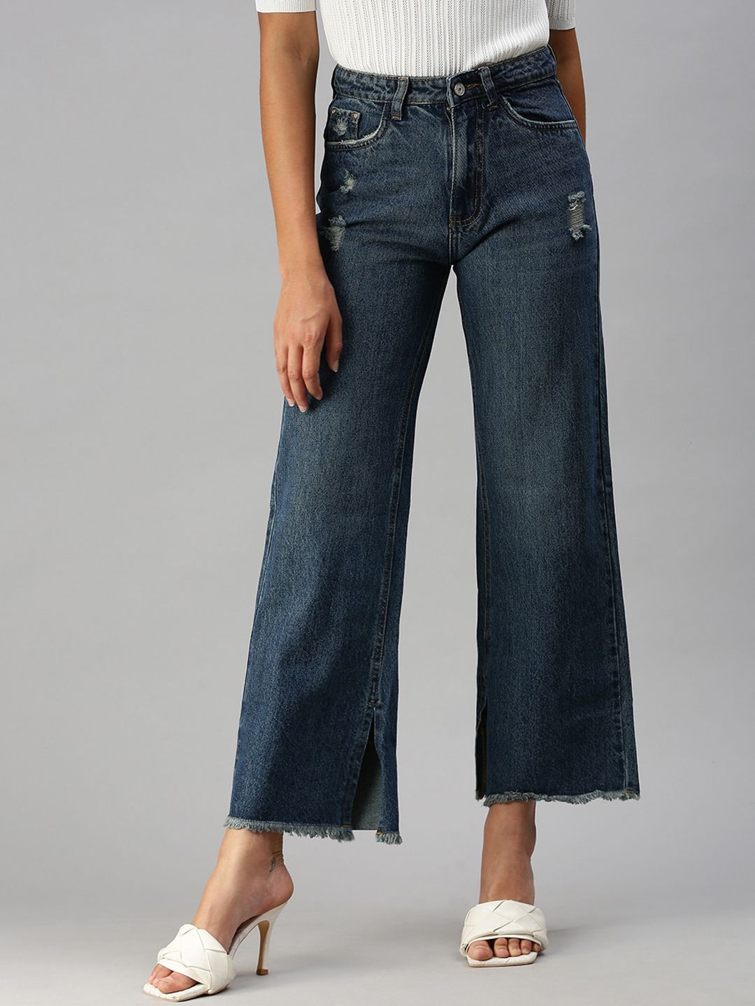 SHOWOFF Women Blue Wide Leg High-Rise Low Distress Light Fade Jeans Price in India