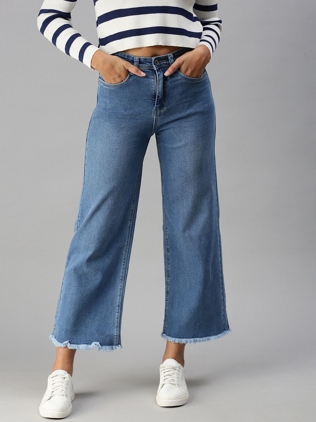 SHOWOFF Women Blue Wide Leg High-Rise Light Fade Stretchable Jeans Price in India