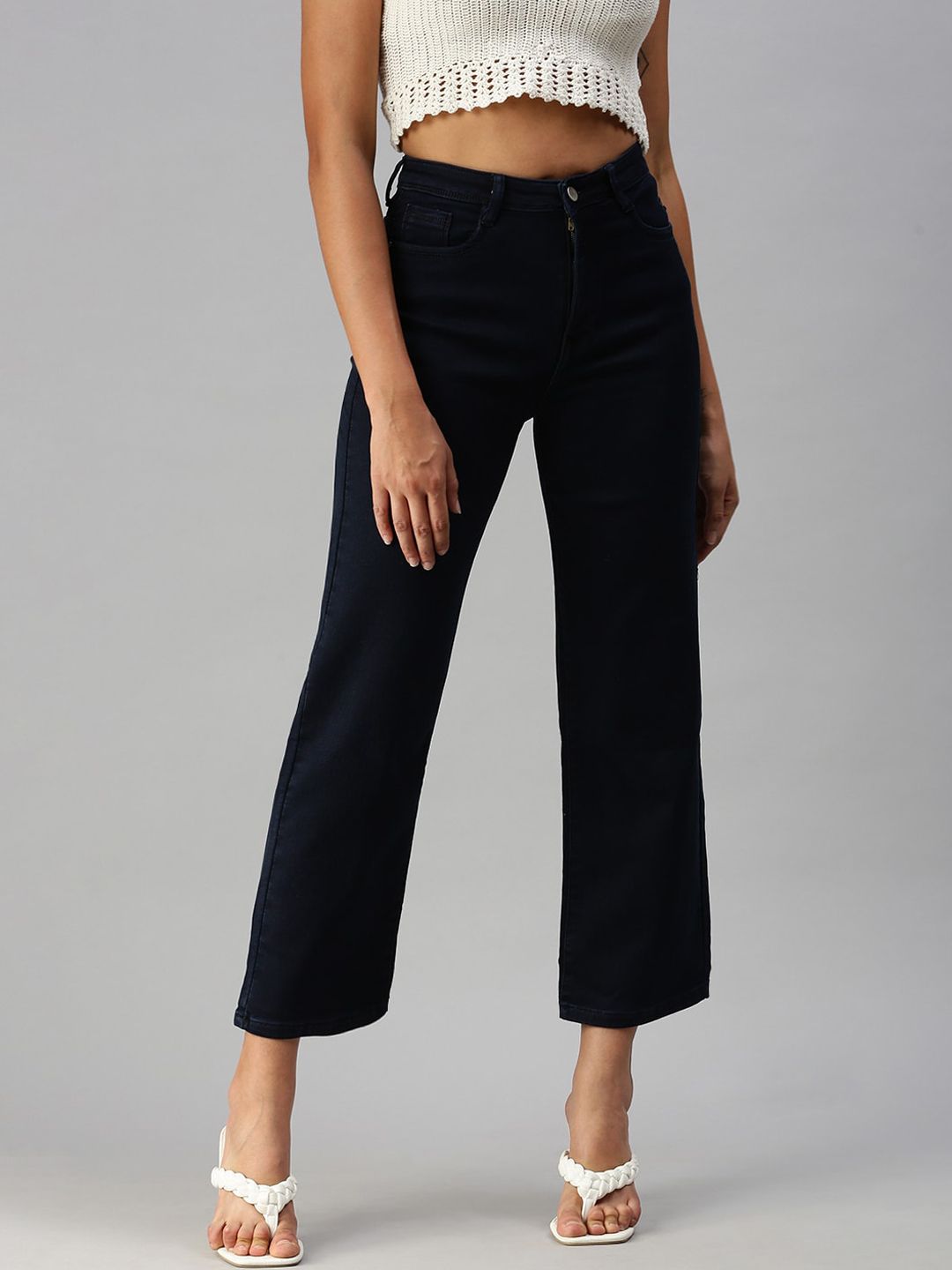 SHOWOFF Women Navy Blue Wide Leg High-Rise Stretchable Jeans Price in India