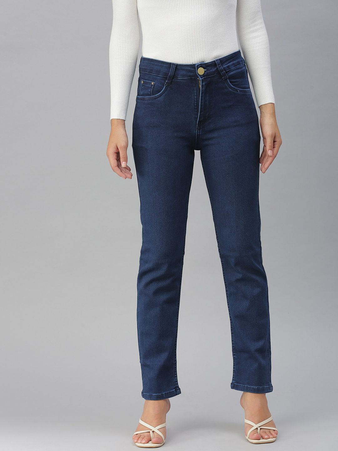 SHOWOFF Women Navy Blue Straight Fit High-Rise Stretchable Jeans Price in India