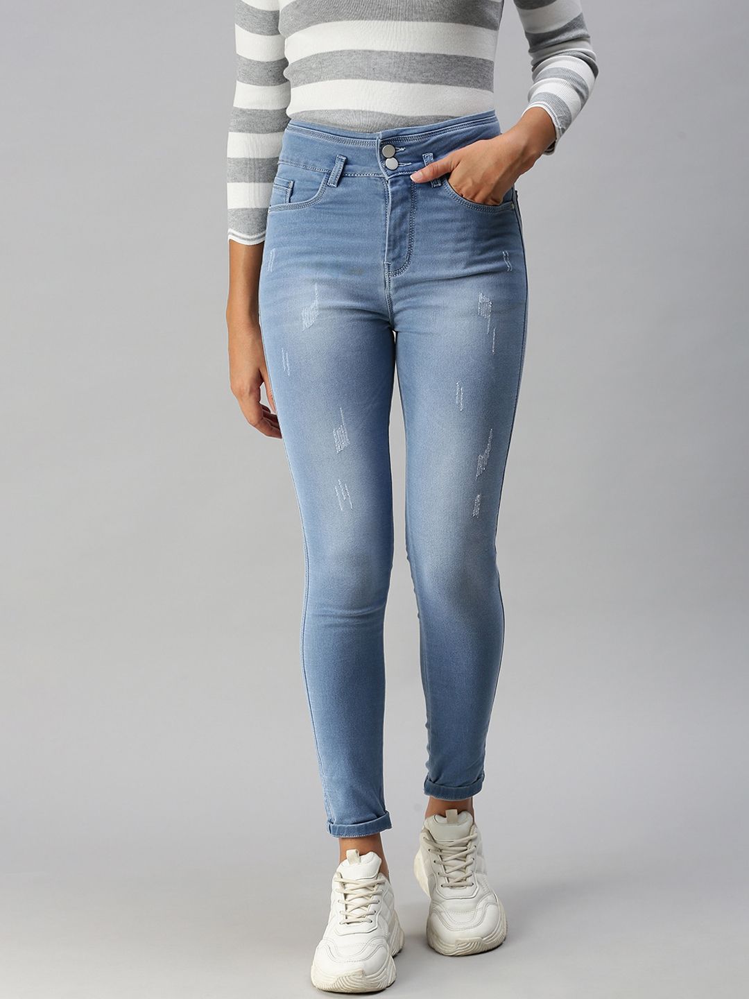 SHOWOFF Women Blue Slim Fit High-Rise Low Distress Heavy Fade Stretchable Jeans Price in India
