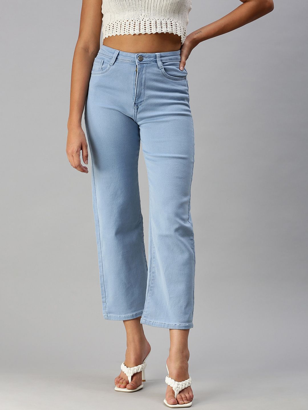 SHOWOFF Women Blue Wide Leg High-Rise Light Fade Stretchable Jeans Price in India