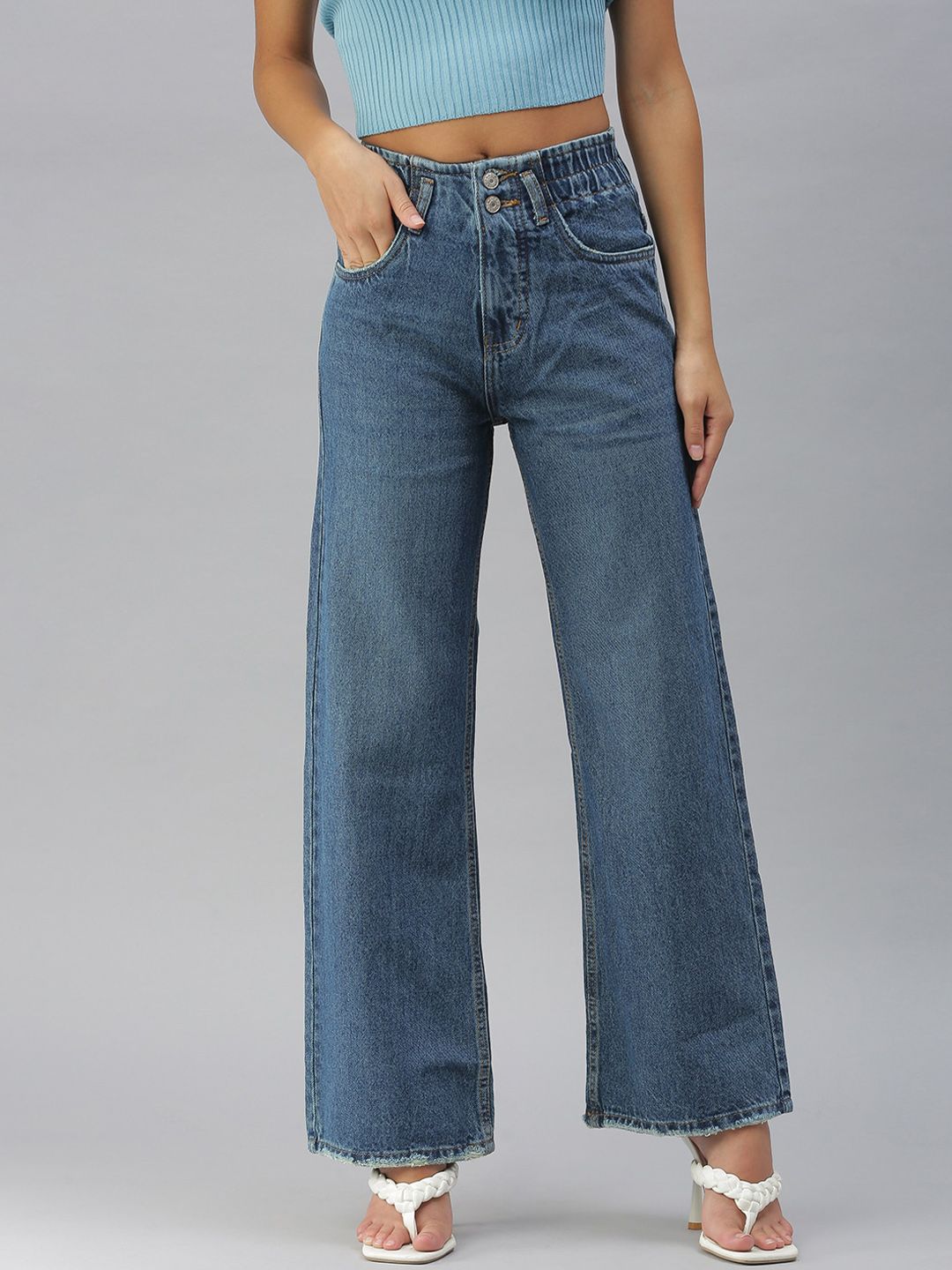SHOWOFF Women Blue Wide Leg High-Rise Jeans Price in India