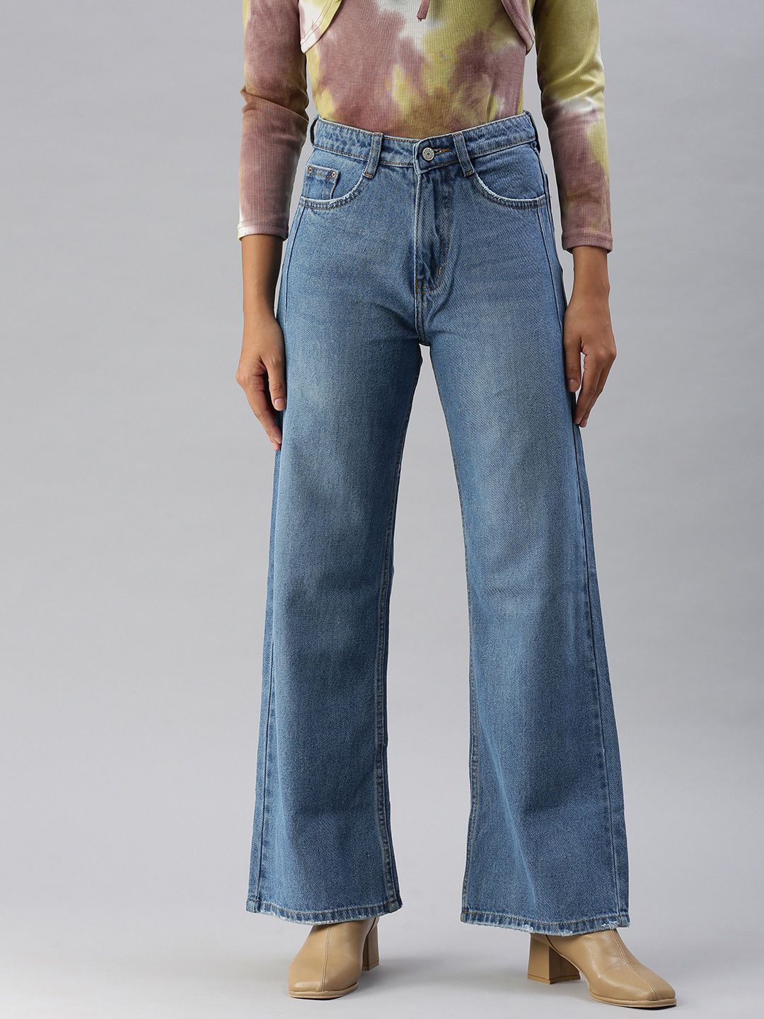 SHOWOFF Women Blue Wide Leg High-Rise Light Fade Jeans Price in India