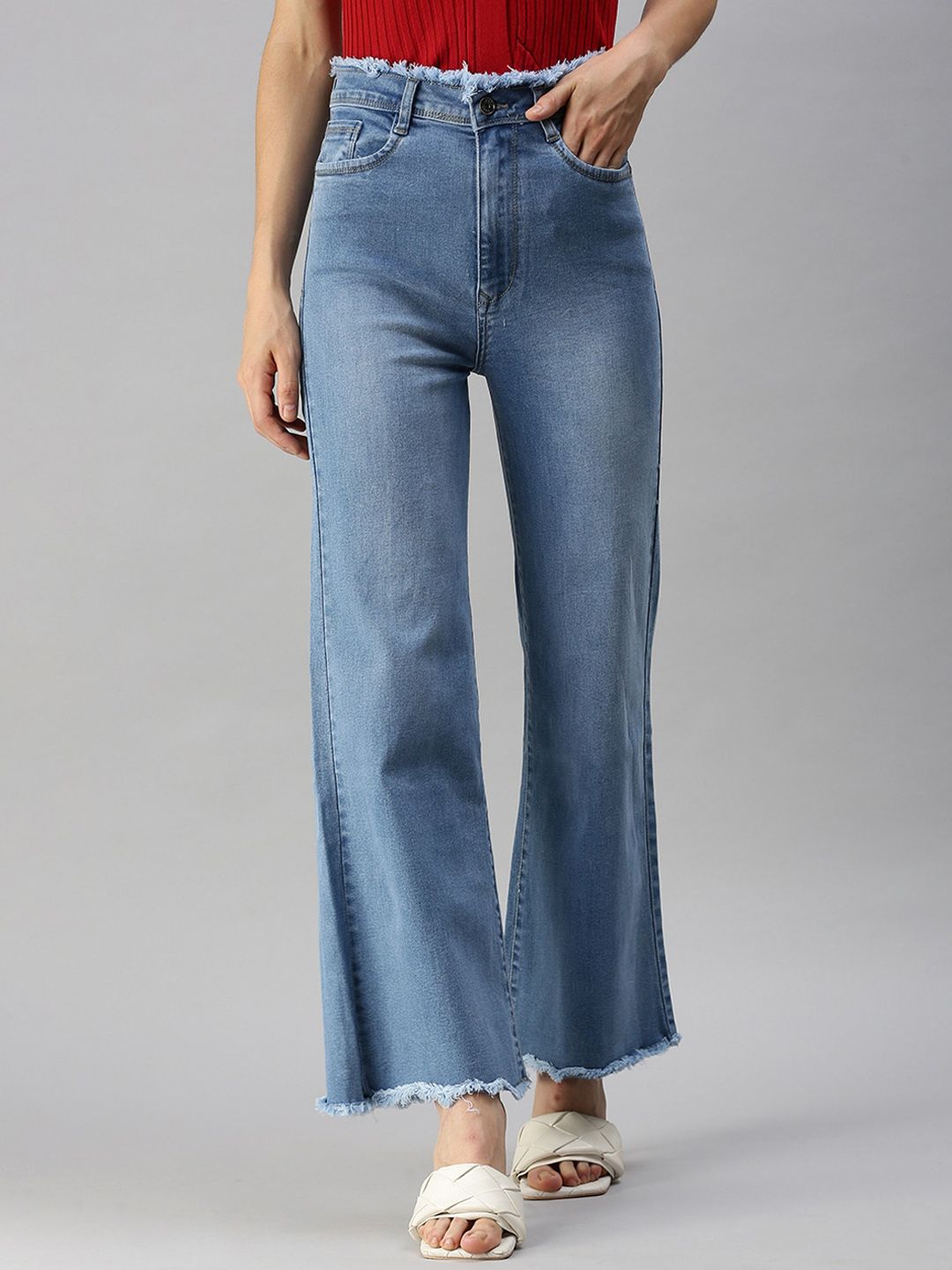 SHOWOFF Women Blue Wide Leg High-Rise Light Fade Stretchable Jeans Price in India