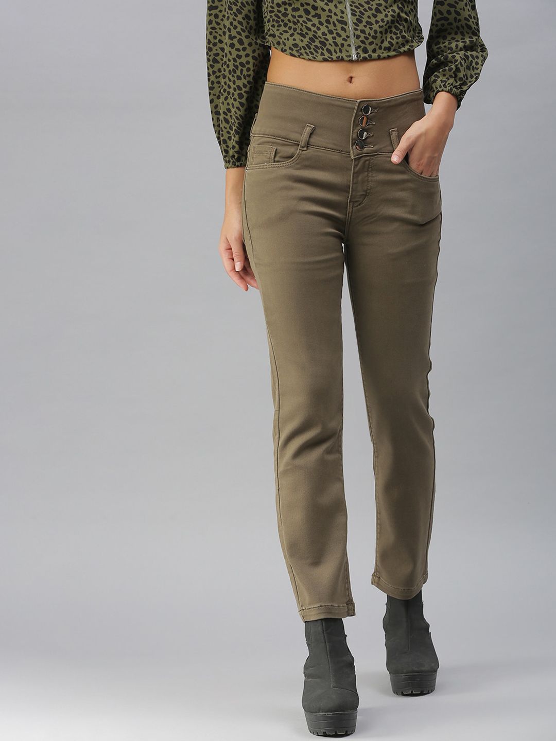 SHOWOFF Women Khaki High-Rise Stretchable Jeans Price in India