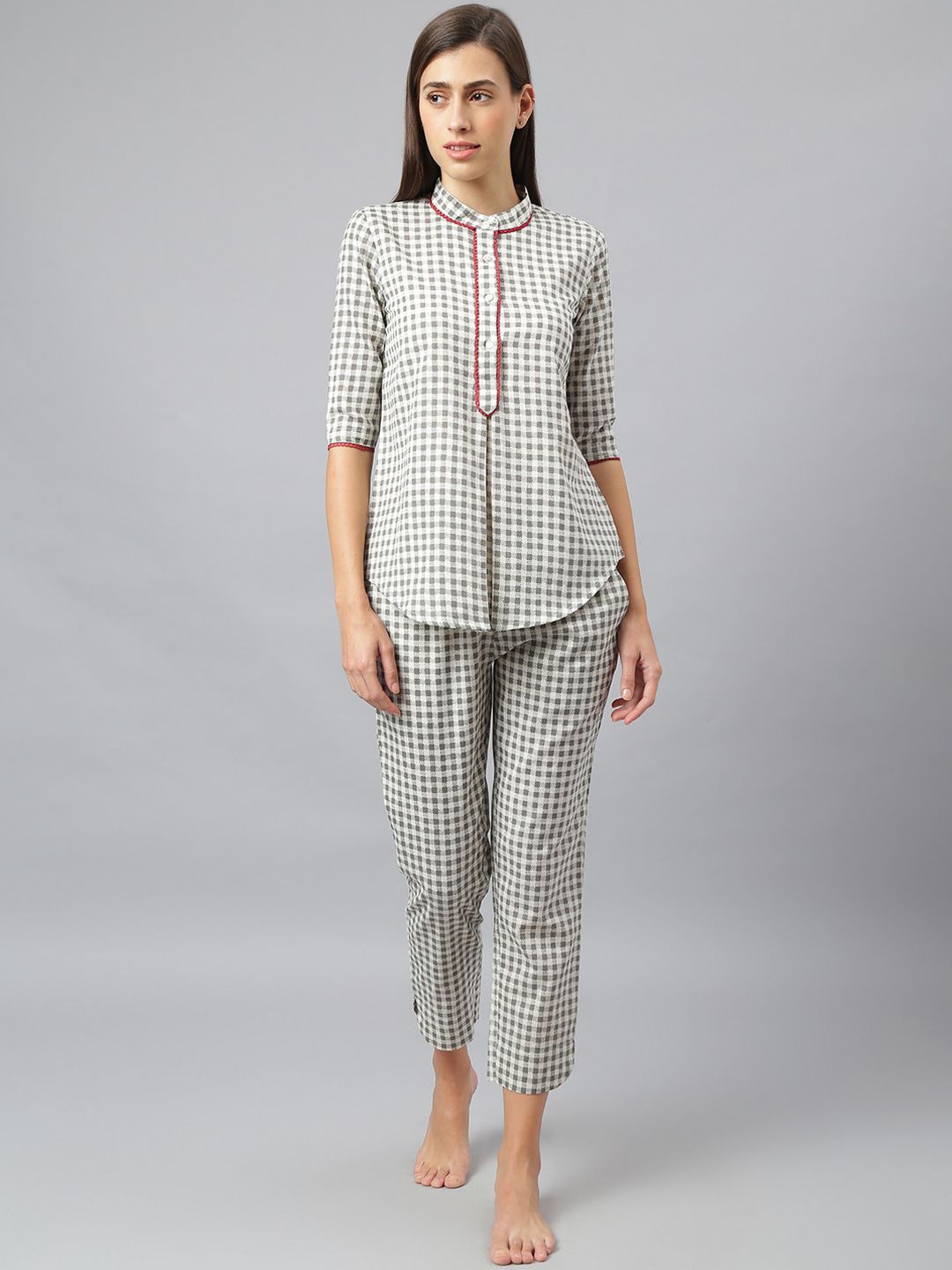 pinwheel Women White & Grey Checked Night suit Price in India