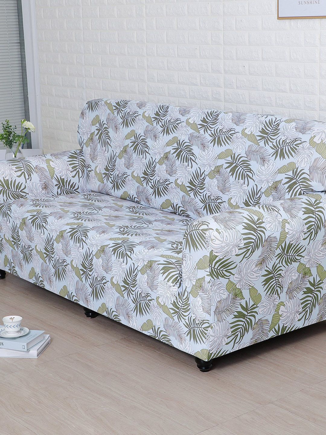 Athome by Nilkamal Off White & Green Printed 3 Seater Sofa Covers Price in India