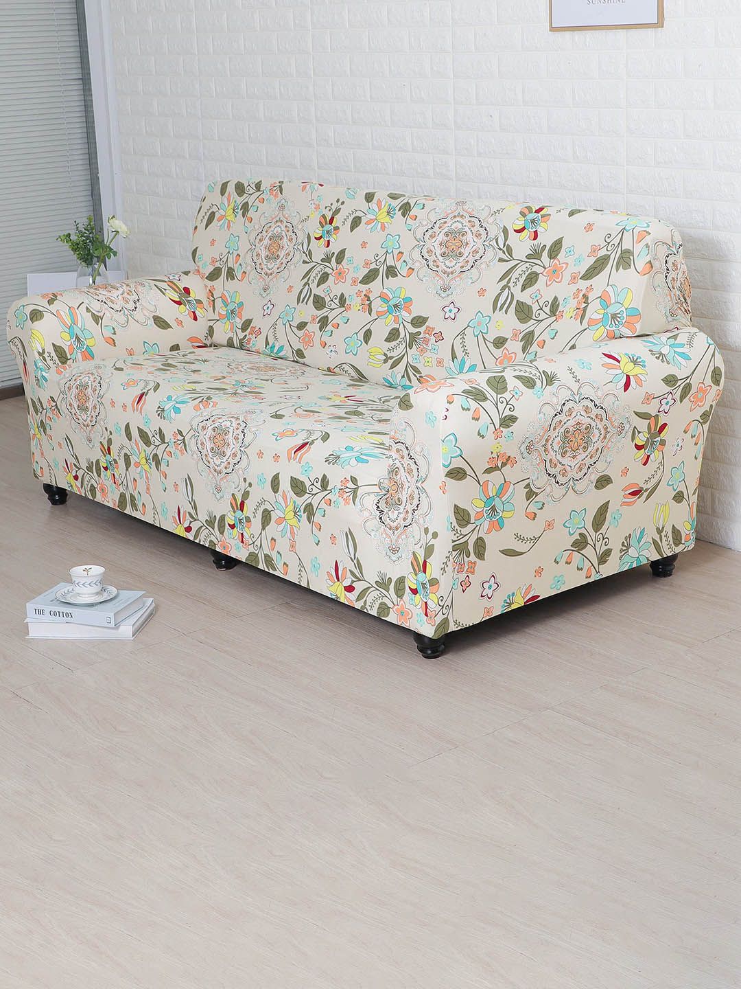 Athome by Nilkamal White & Green Printed 3 Seater Sofa Covers Price in India