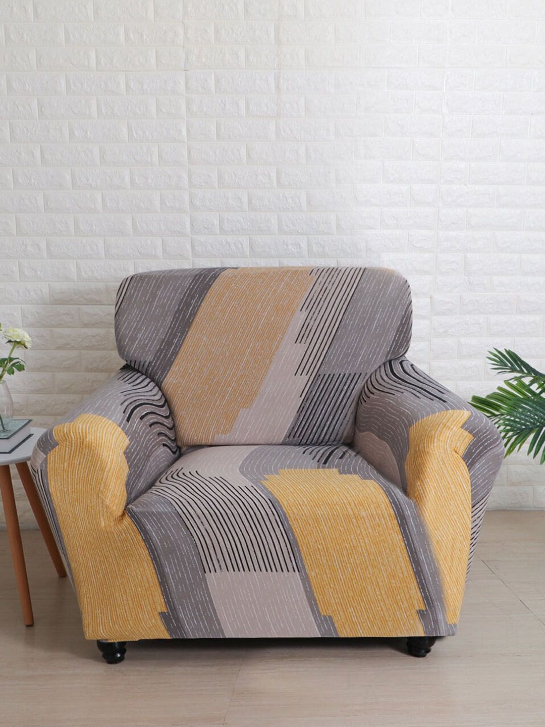 Athome by Nilkamal Mustard Yellow & Grey Printed 1 Seater Sofa Covers Price in India