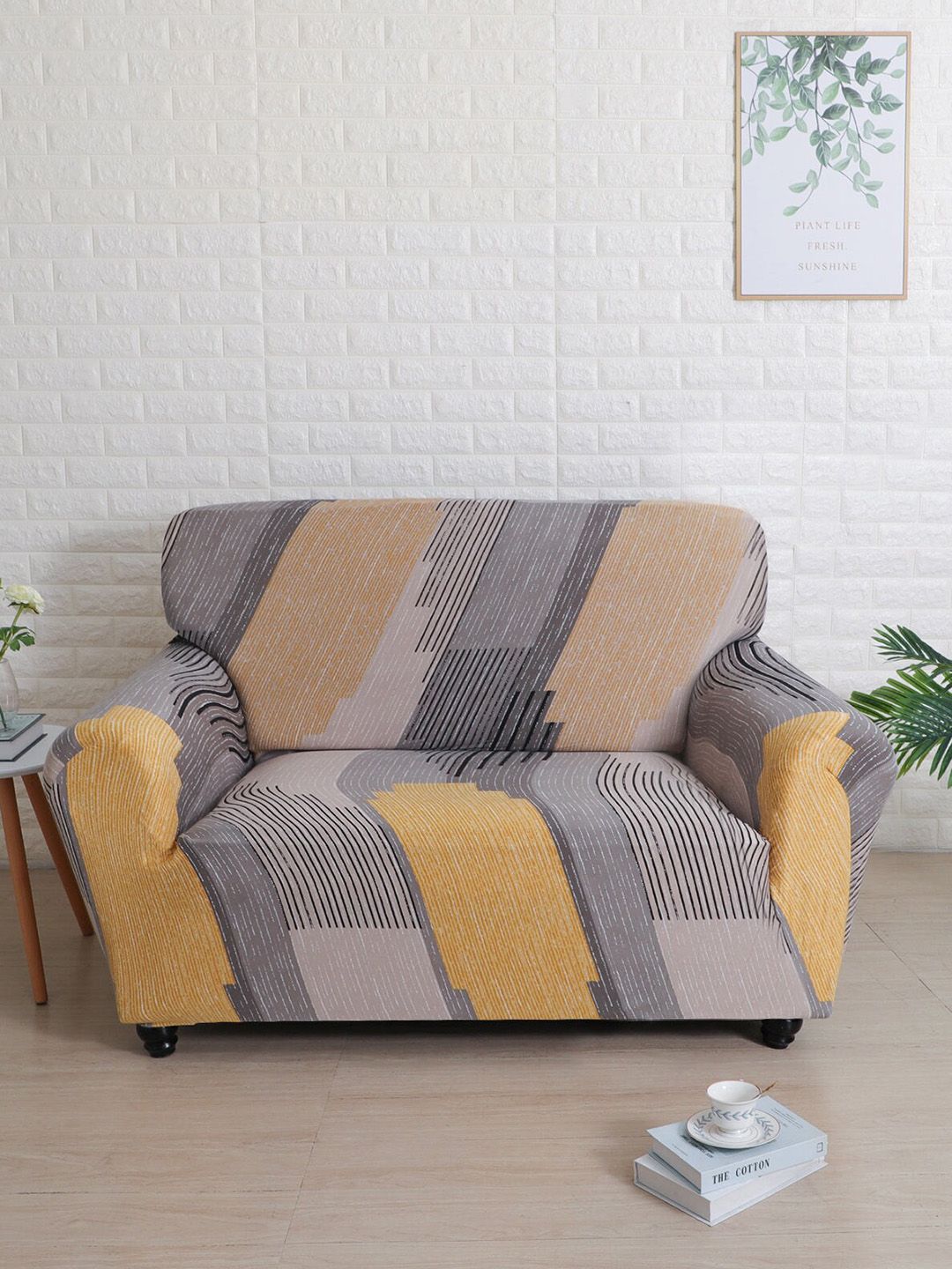 Athome by Nilkamal Mustard Yellow & Grey Printed 2 Seater Sofa Covers Price in India