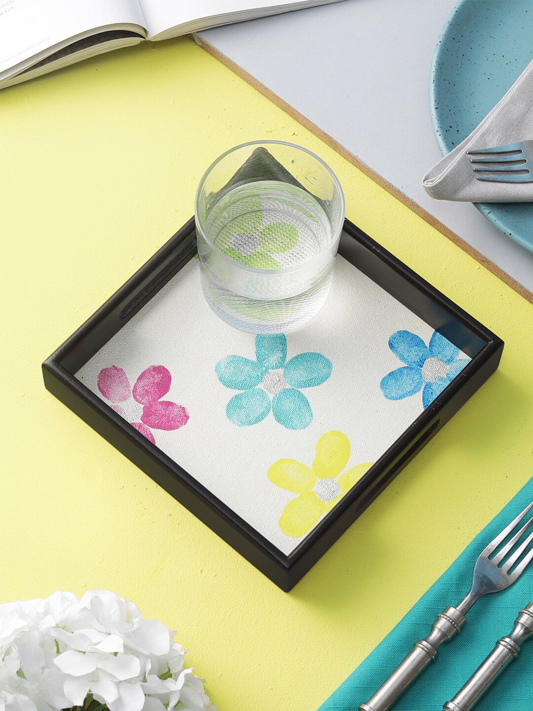 VarEesha White & Black Neon Flowers Thumb Printed Wooden Serving Tray Price in India