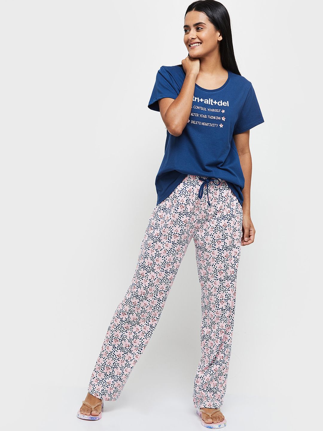 max Women Blue & White Printed Cotton Night suit Price in India