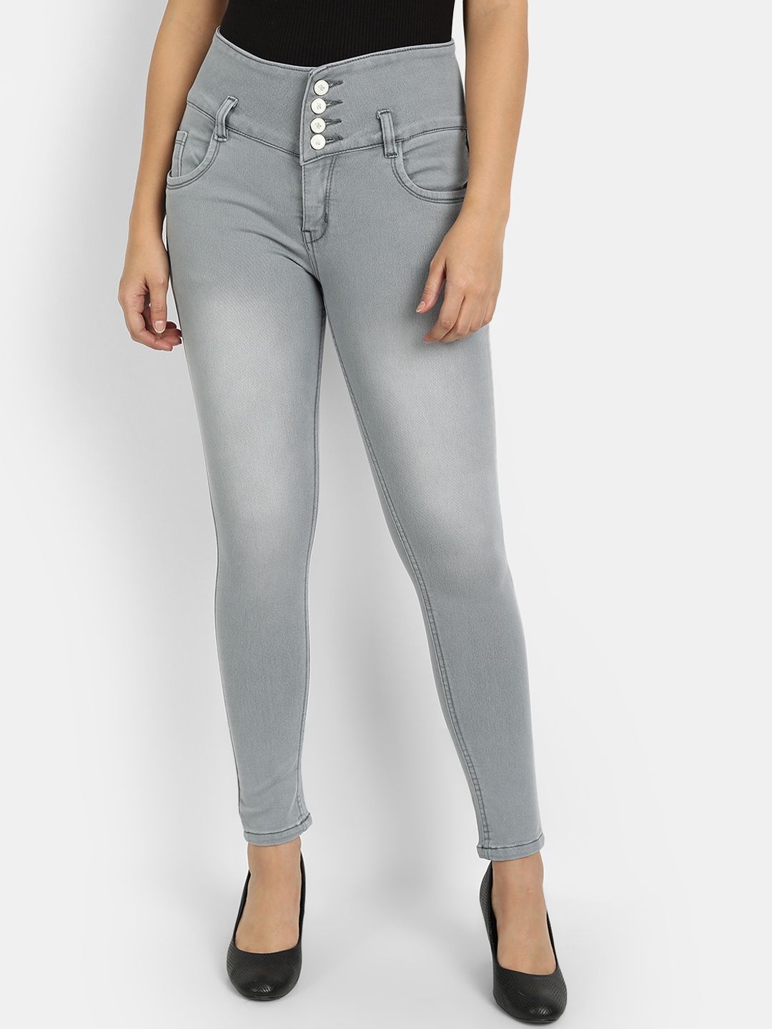 Next One Women Grey Comfort Skinny Fit High-Rise Heavy Fade Jeans Price in India