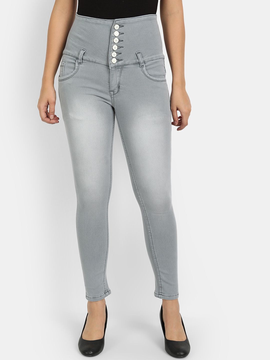 Next One Women Grey Comfort Skinny Fit High-Rise Heavy Fade Jeans Price in India