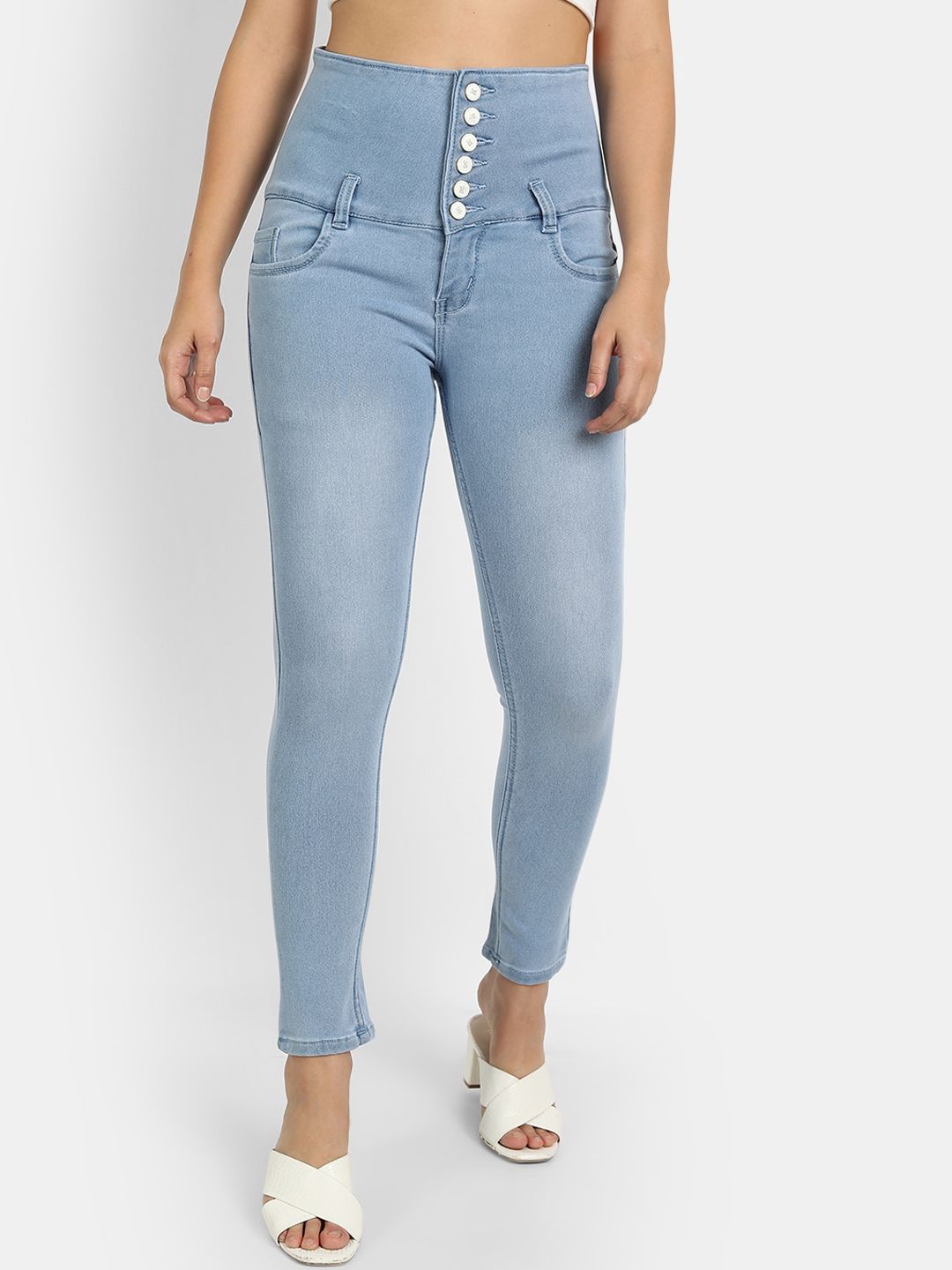 Next One Women Blue Comfort Skinny Fit High-Rise Light Fade Jeans Price in India