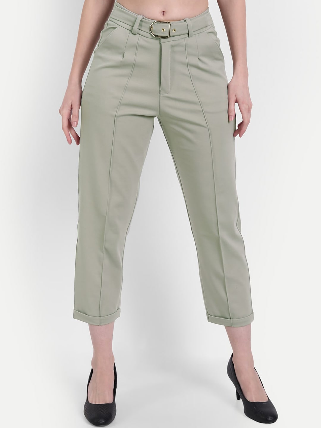 Next One Women Sea Green Straight Fit High-Rise Trousers Price in India
