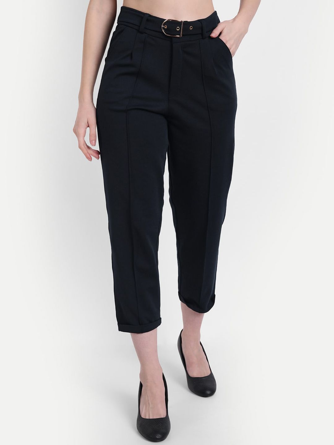 Next One Women Navy Blue Straight Fit High-Rise Trousers Price in India