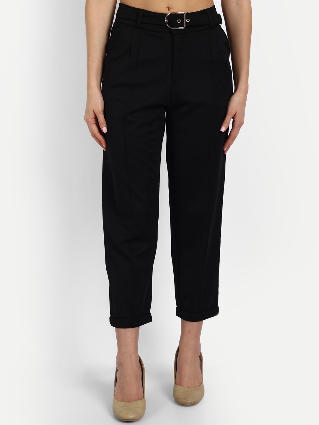 Next One Women Black Straight Fit High-Rise Pleated Trousers Price in India