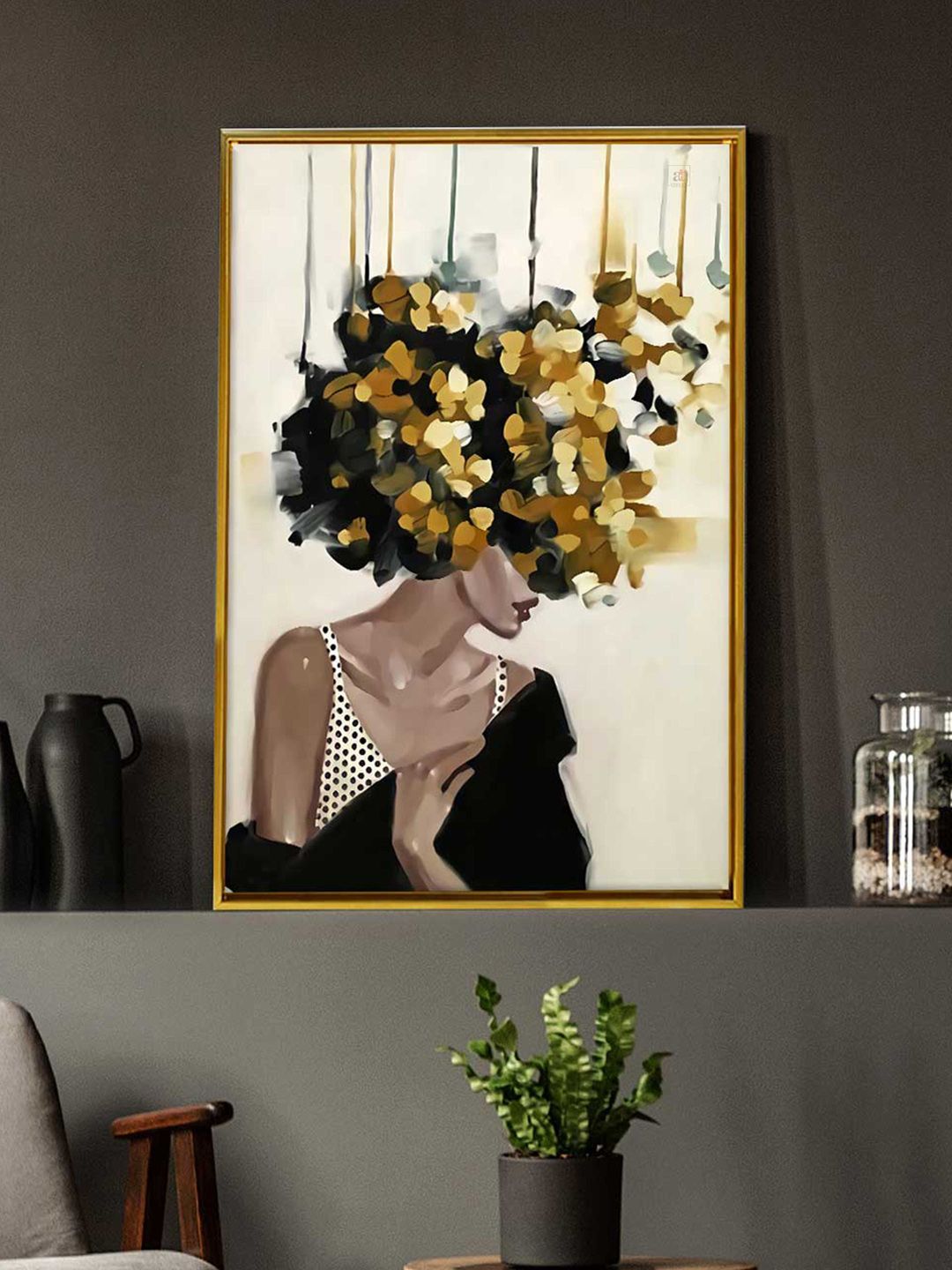 Art Street Gold-Colored & Black Mid Night Girl With Flower Bouquet Wall Art Price in India