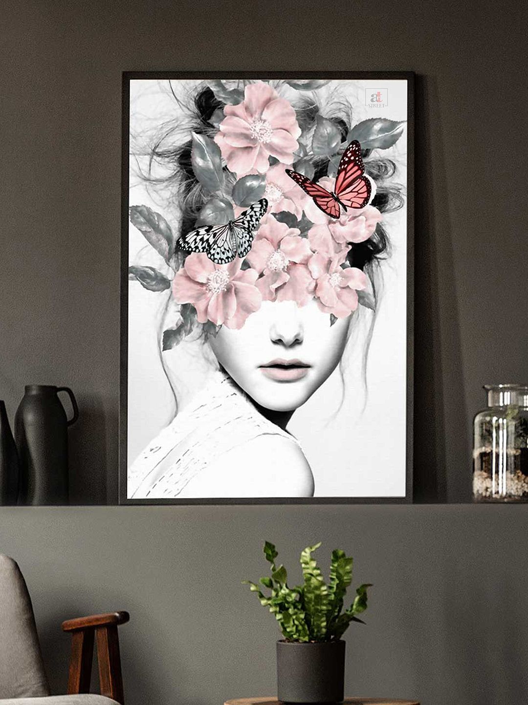 Art Street Pink & White Girl Flower Bouquet Framed Canvas Print Wall Art Price in India