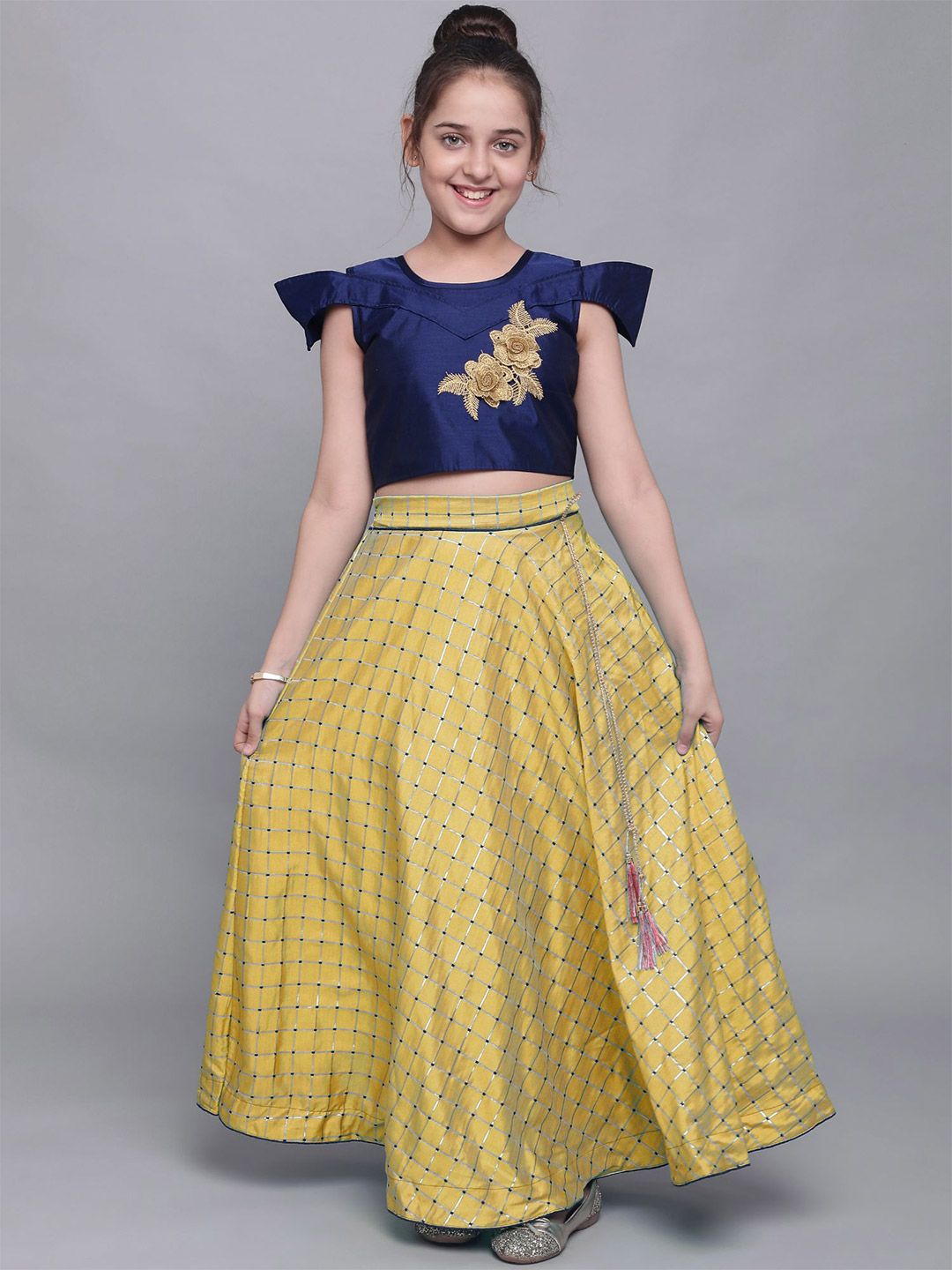 White World Girls Yellow & Navy Blue Ready to Wear Lehenga Price in India