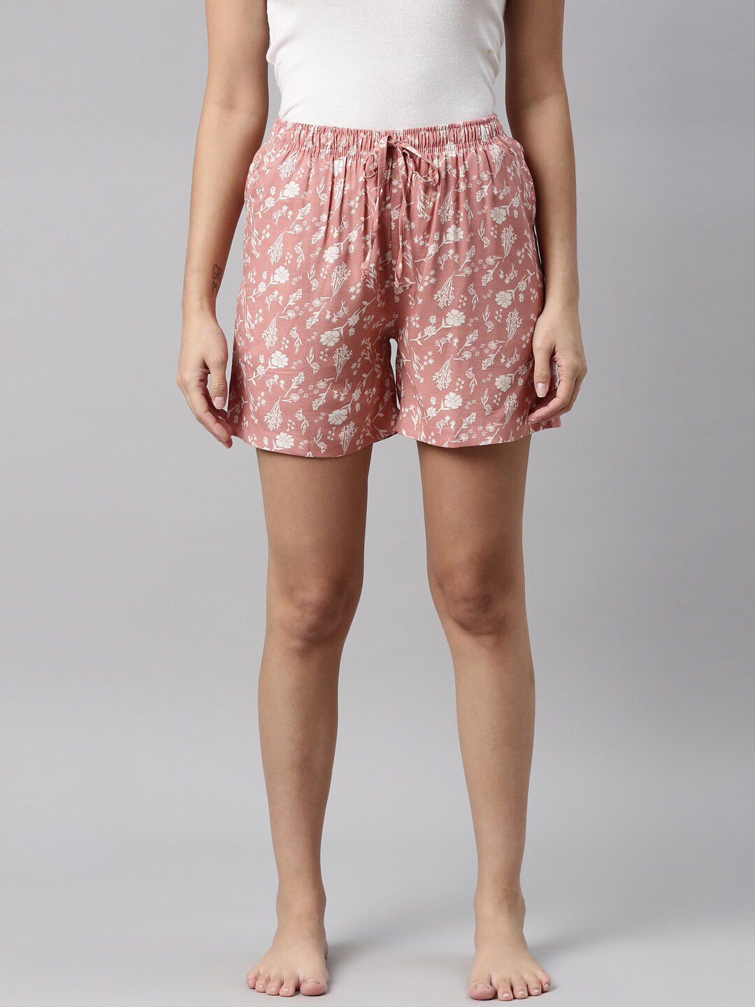 Go Colors Women Pink & White Printed Lounge Shorts Price in India