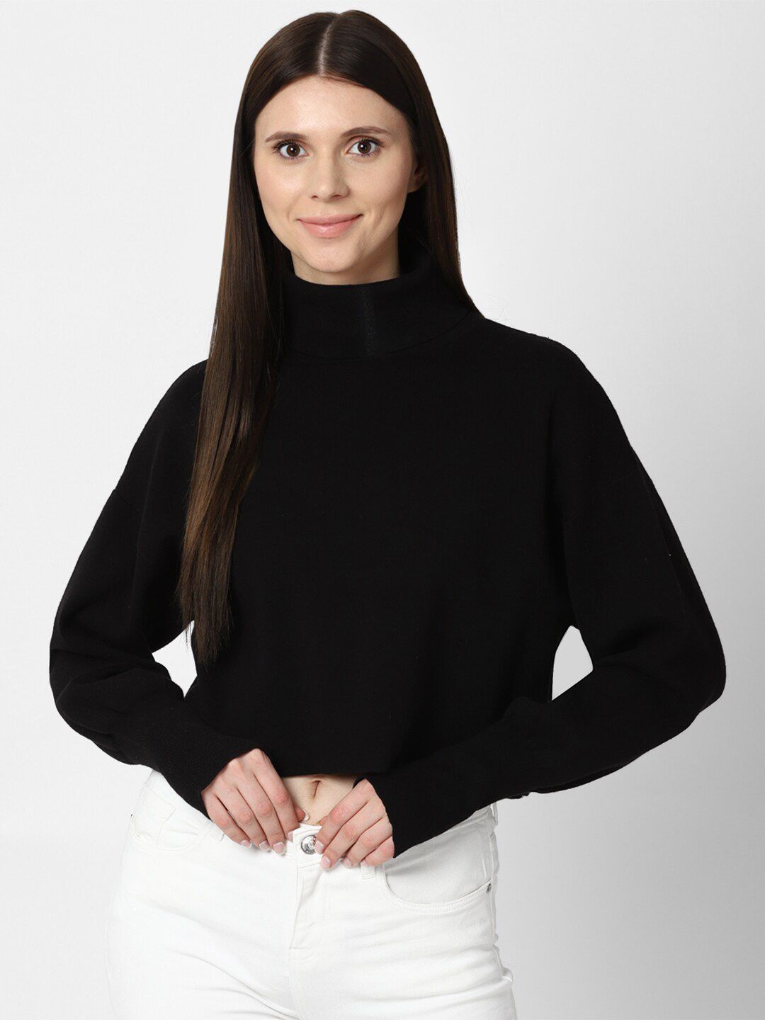 FOREVER 21 Women Black Turtle Neck Crop Pullover Price in India