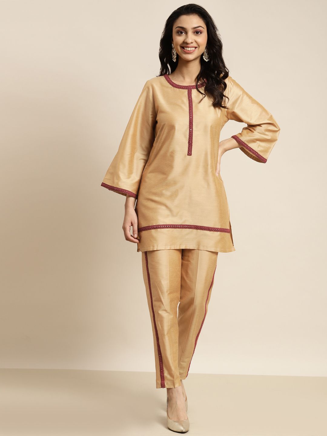 Shae by SASSAFRAS Women Beige Mirror Lace Kurta With Pencil Pants Price in India