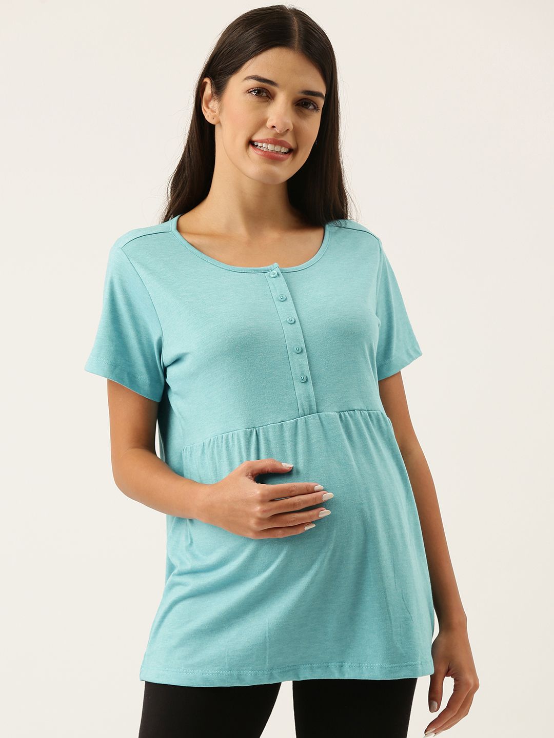 Nejo Women Blue Solid Pure Cotton A-Line Maternity Top Price in India