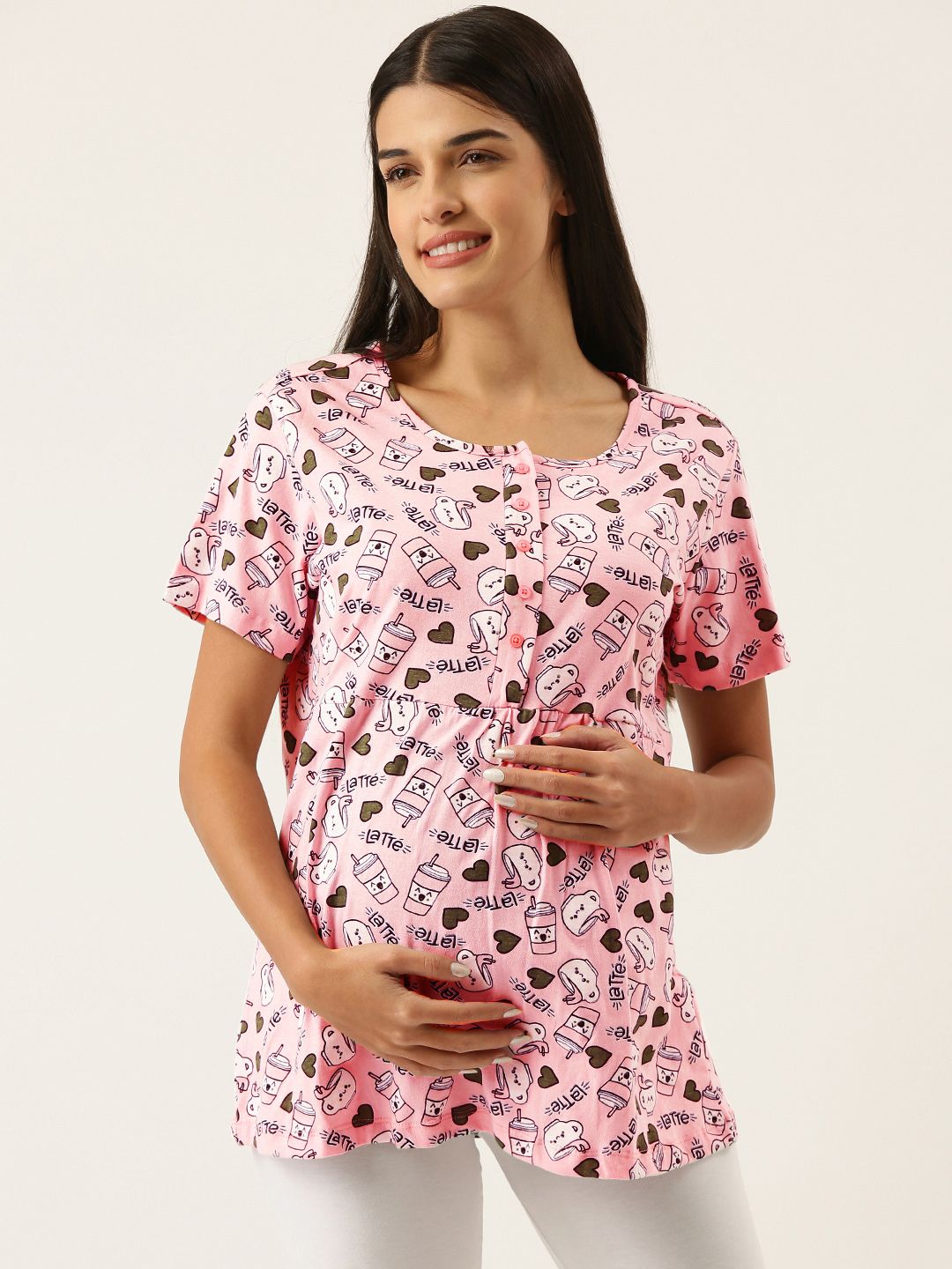 Nejo Women Pink & White Printed Pure Cotton Maternity Top Price in India