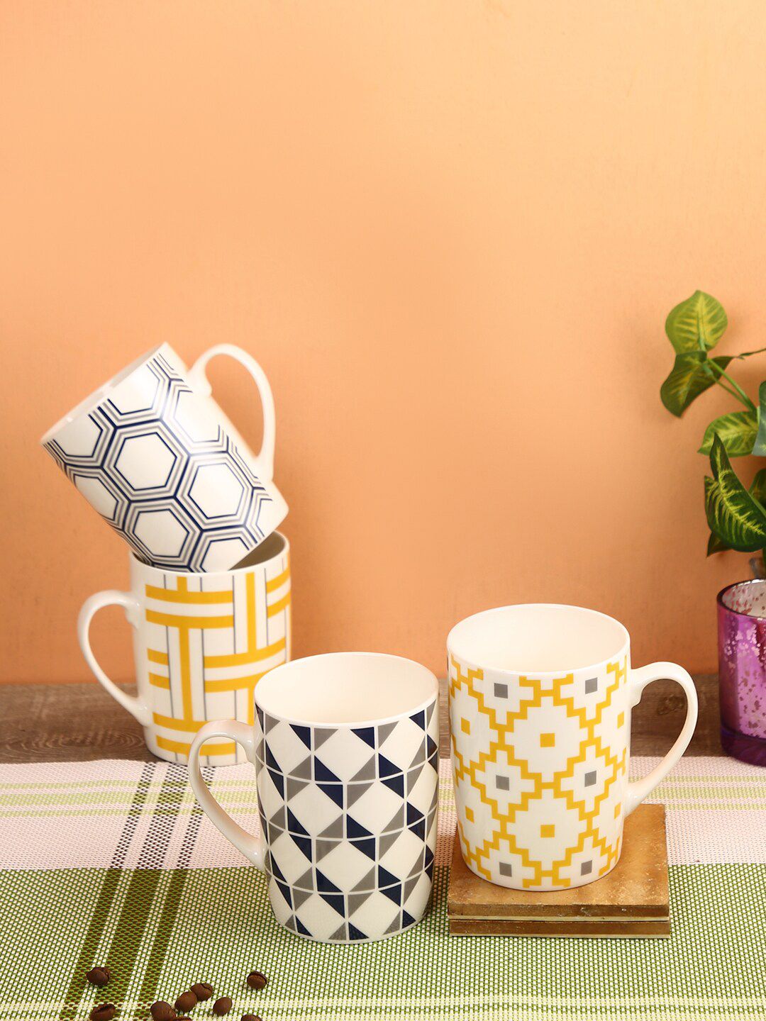 House Of Accessories Yellow & Blue Geometric Printed Ceramic Glossy Mugs Set of Cups and Mugs Price in India