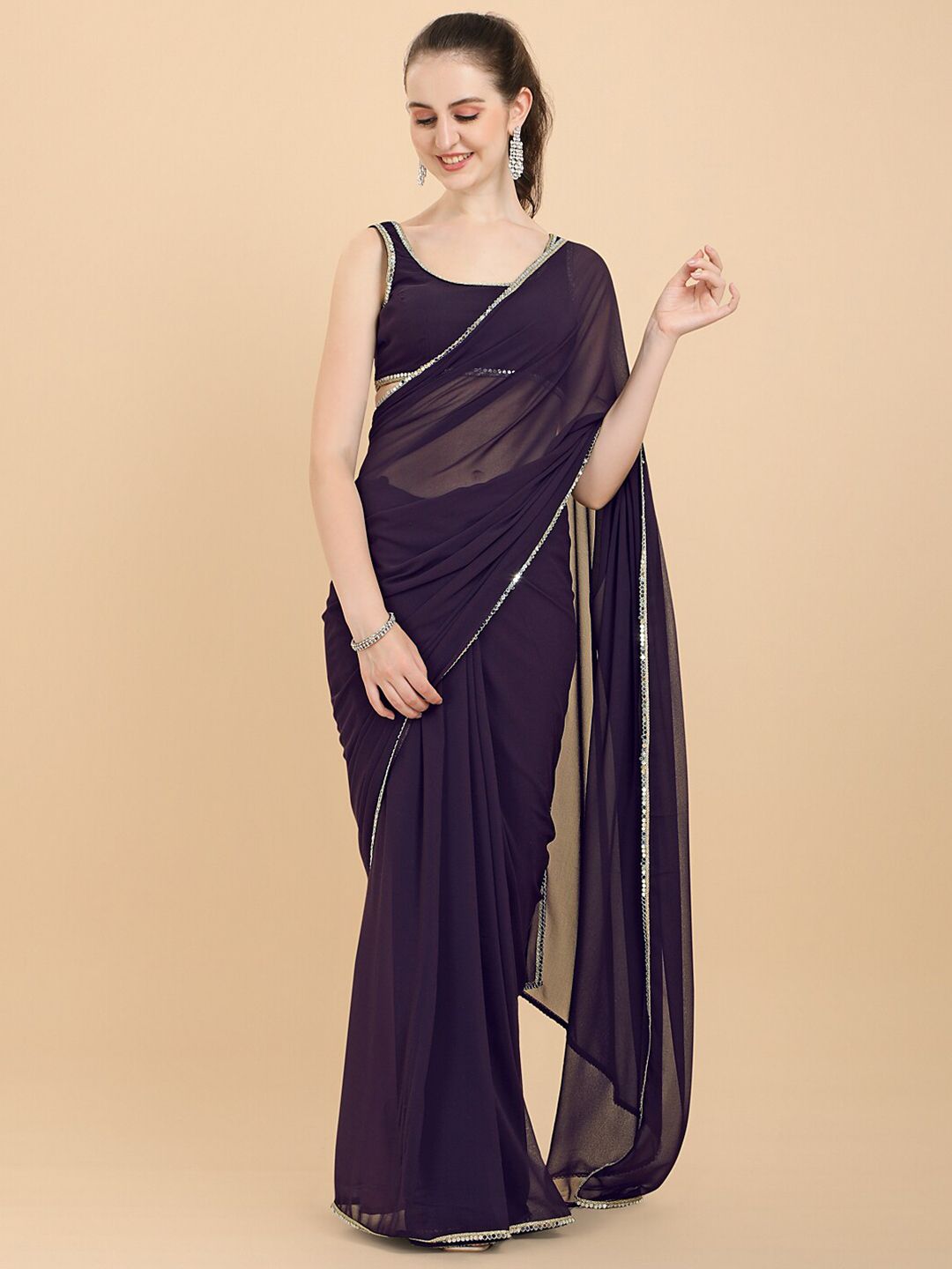 Inddus Women Wine Solid Georgette Saree with Blouse Piece Price in India