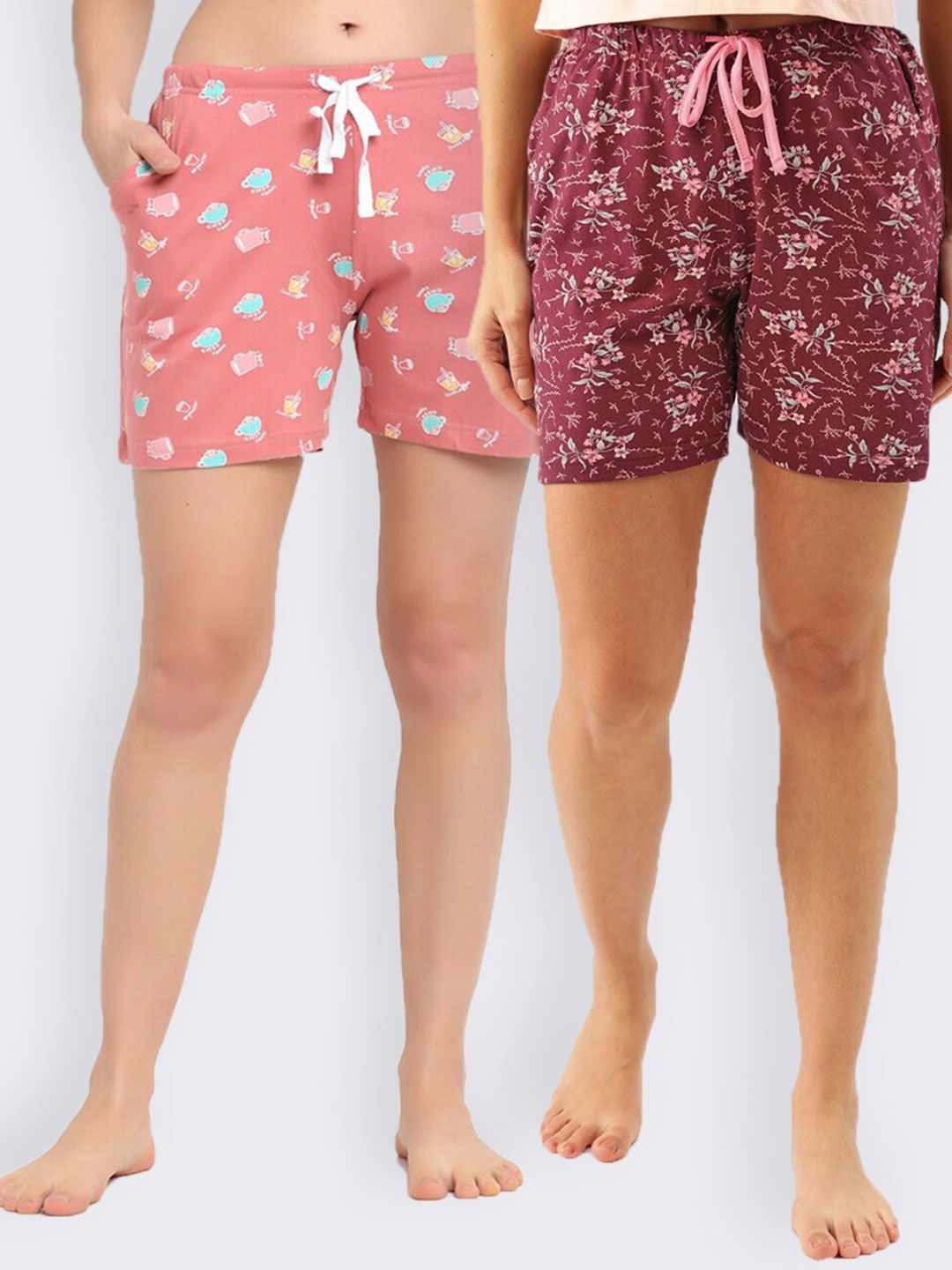 Kanvin Women Maroon & Coral 2 Printed Lounge Shorts Price in India