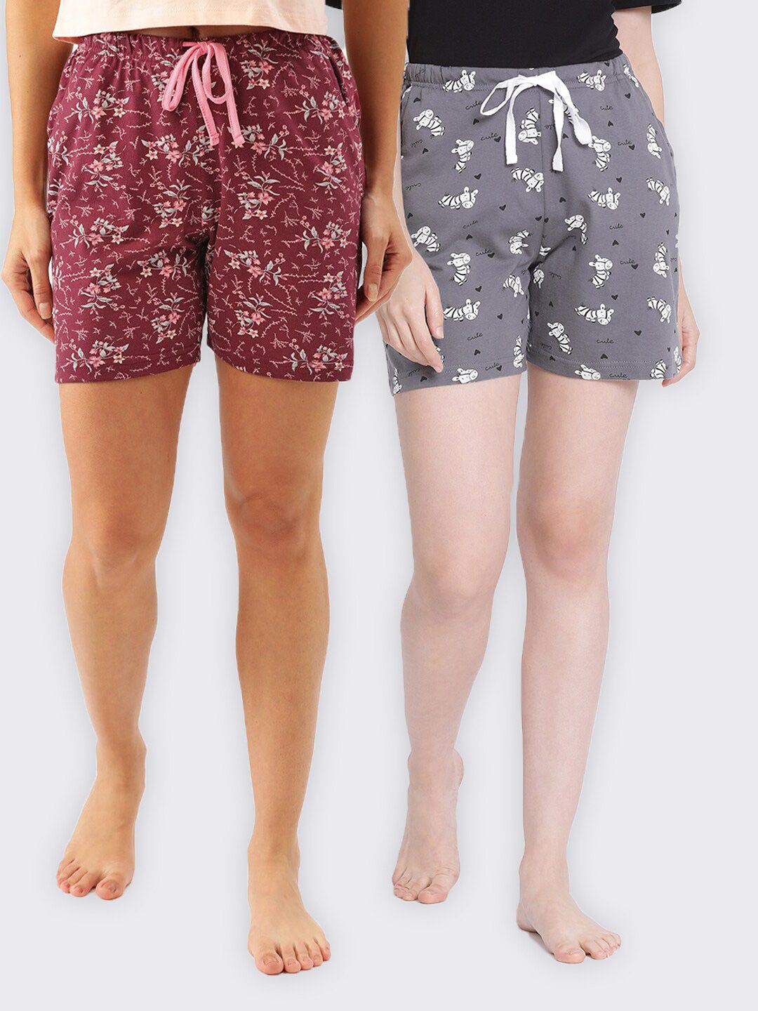 Kanvin Women Maroon & Grey Set of 2 Printed Cotton Lounge Shorts Price in India