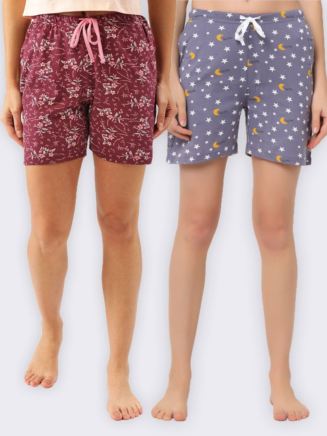 Kanvin Pack Of 2 Women Maroon & Purple Printed Lounge Shorts Price in India