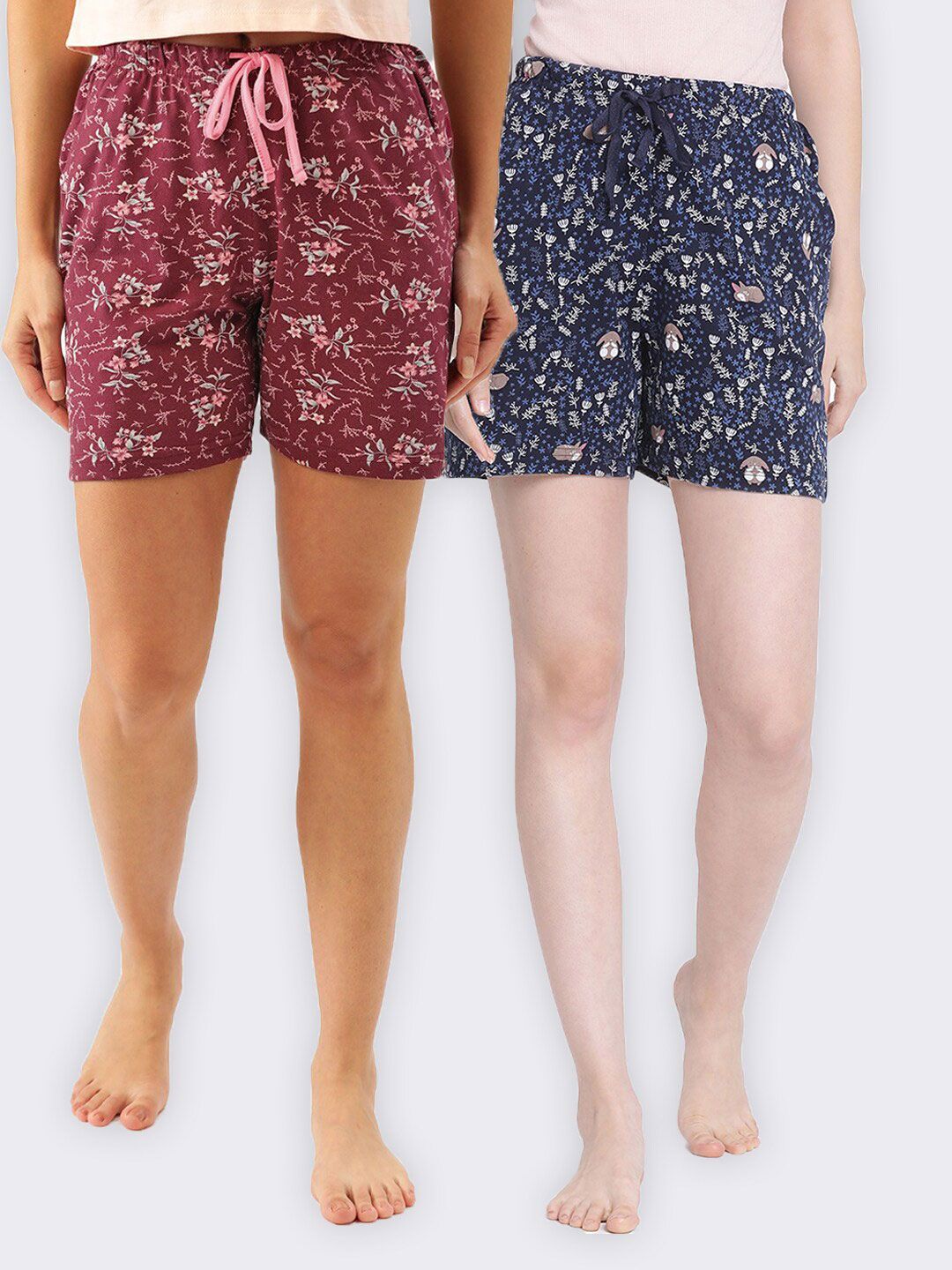 Kanvin Women Maroon & Navy Blue 2 Printed Lounge Shorts Price in India