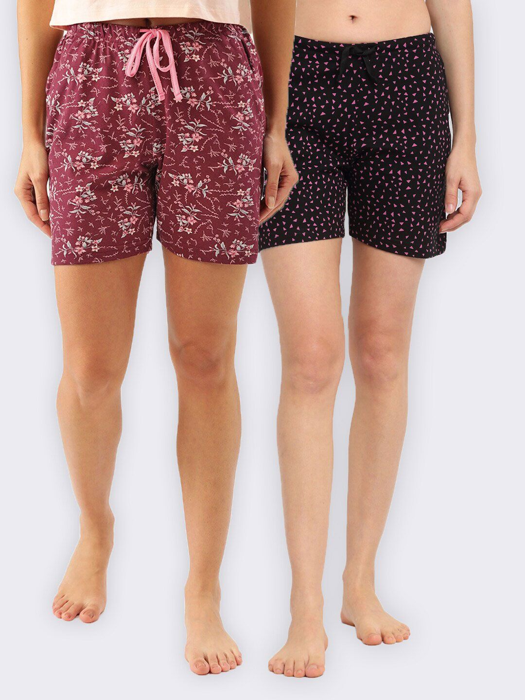 Kanvin Women Set Of 2 Maroon & Black Printed Lounge Shorts Price in India