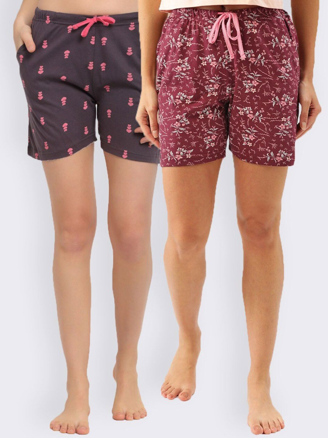 Kanvin Women Maroon & Purple 2 Printed Lounge Shorts Price in India