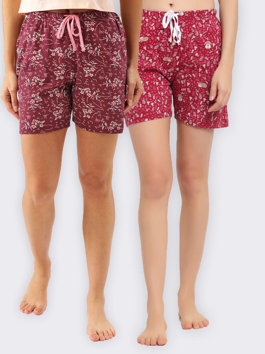 Kanvin Women Maroon & Red Pack Of 2 Printed Pure Cotton Lounge Shorts Price in India