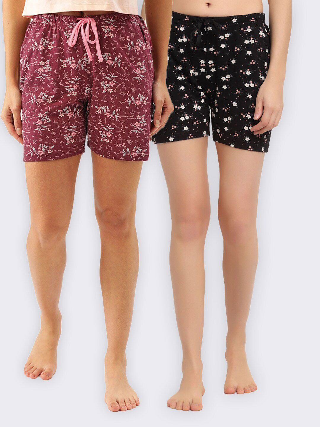 Kanvin Women Pack of 2 Maroon & Black Printed Pure Cotton Lounge Shorts Price in India