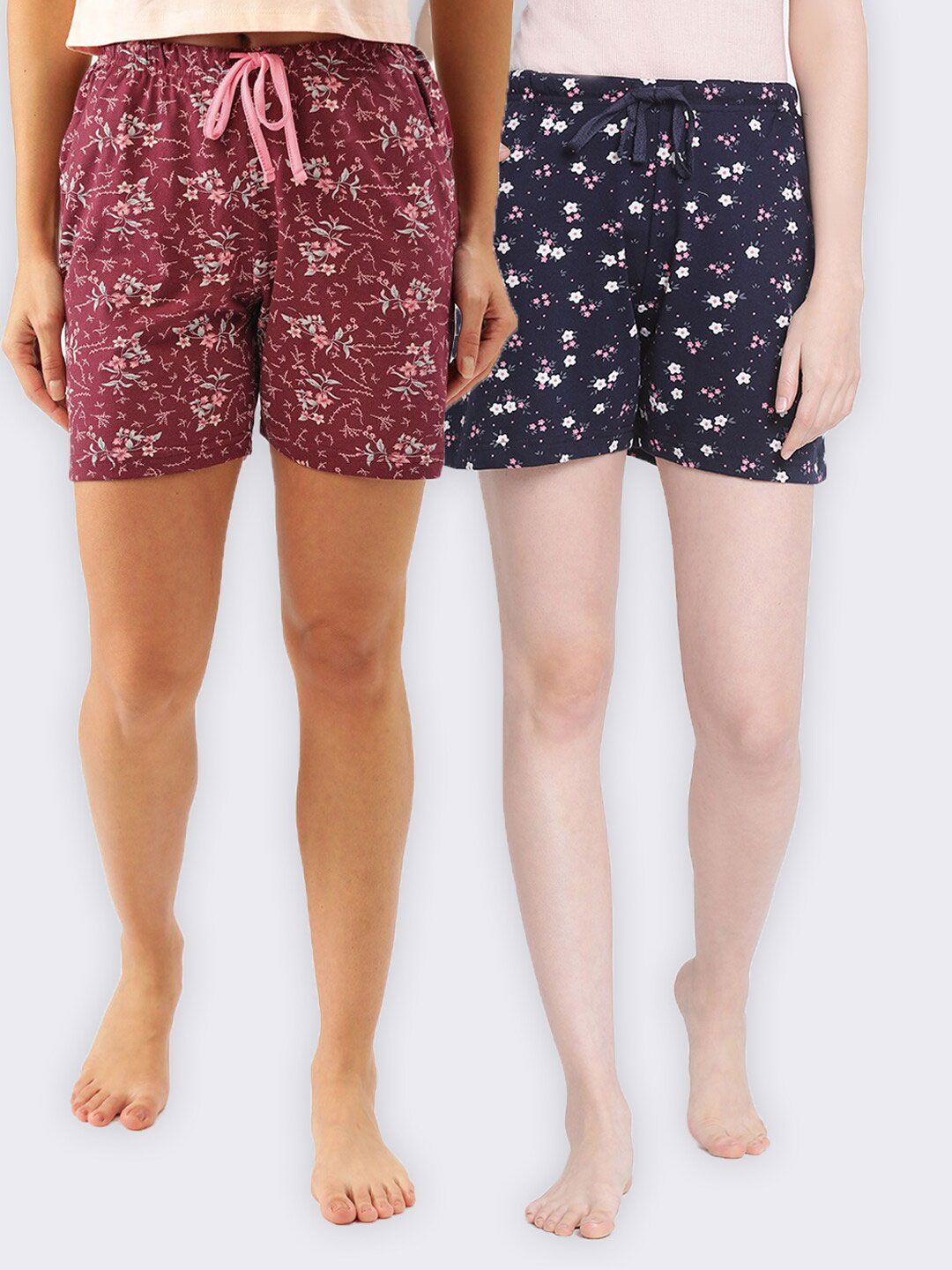 Kanvin Pack of 2 Women Maroon & Navy Blue  Floral Printed Pure Cotton Lounge Shorts Price in India