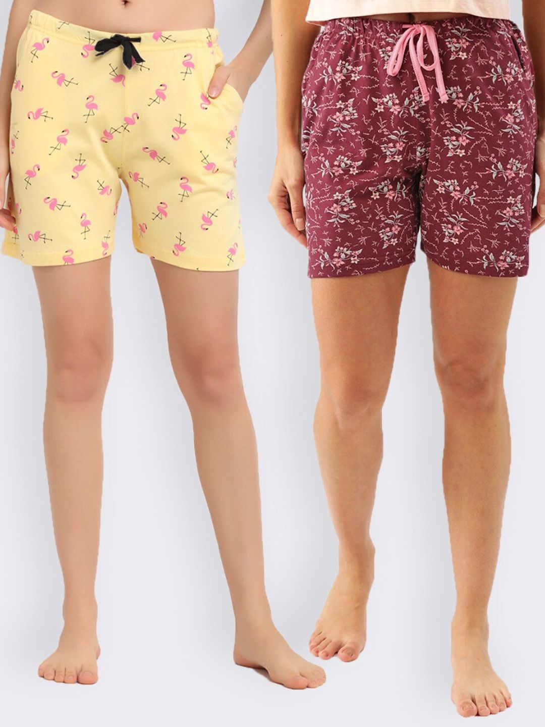 Kanvin Women Pack of 2 Maroon & Yellow Printed Lounge Shorts Price in India