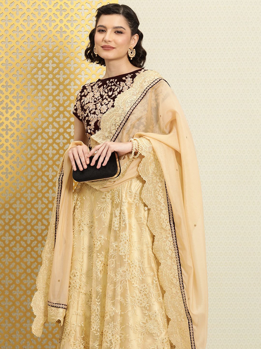 House of Pataudi Beige & Maroon Semi-Stitched Lehenga & Unstitched Blouse With Dupatta Price in India