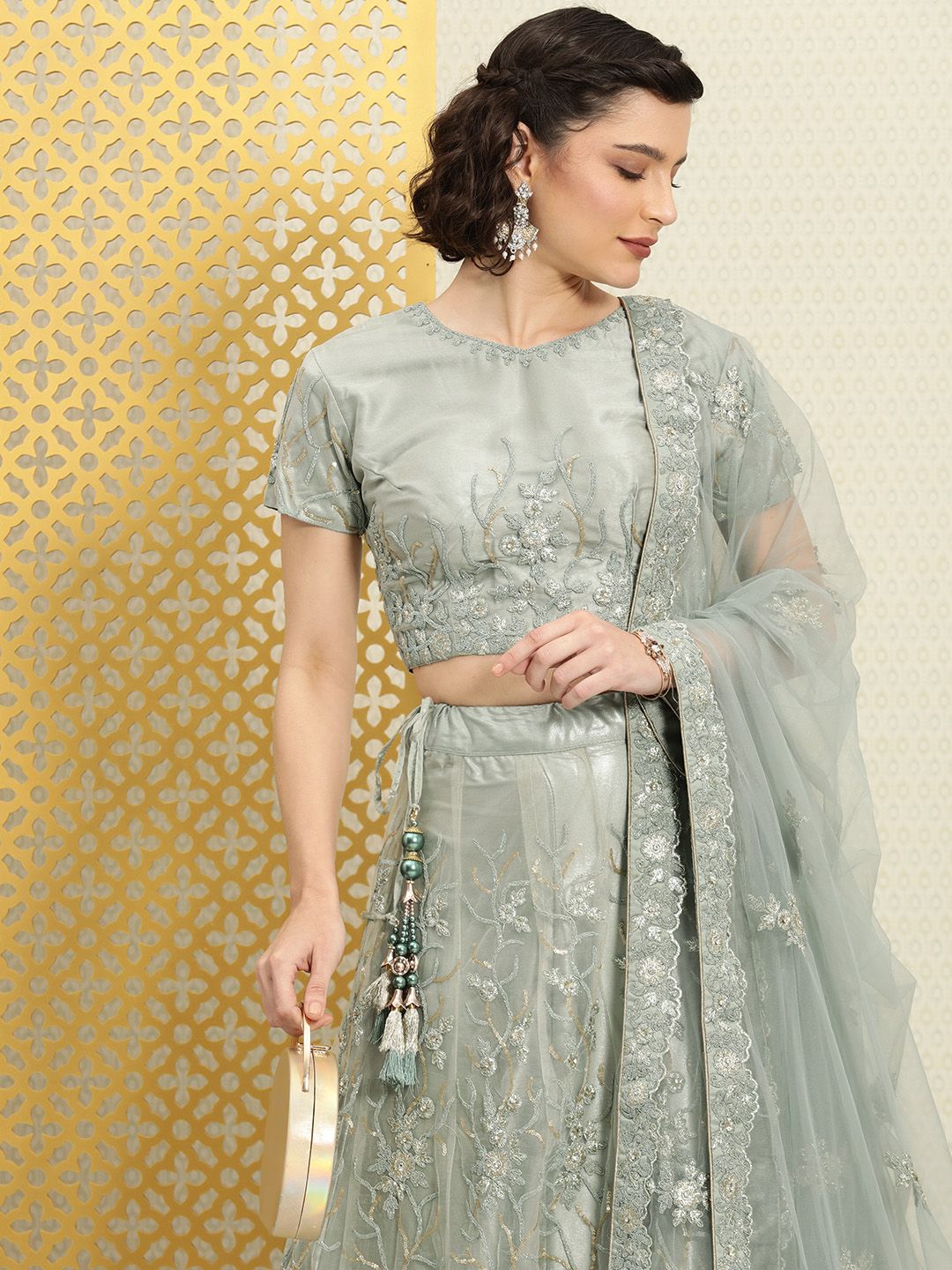 House of Pataudi Sea Green Semi-Stitched Lehenga & Unstitched Blouse with Dupatta Price in India