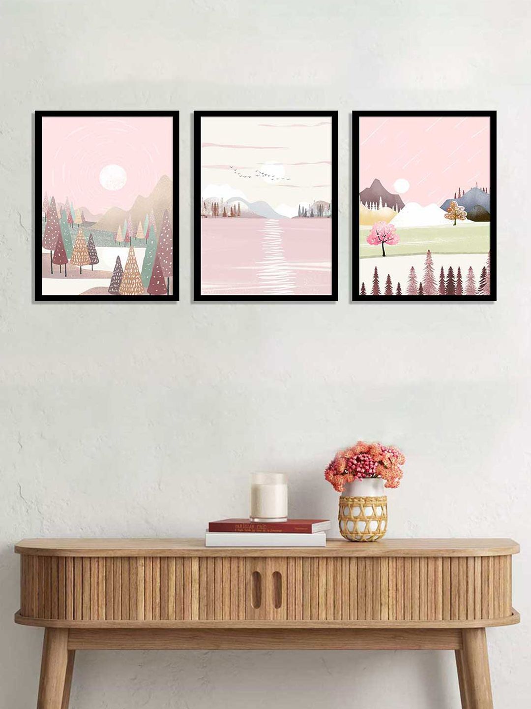 Art Street Pink Set of 3 Heart of Nature Printed Framed Wall Art Price in India