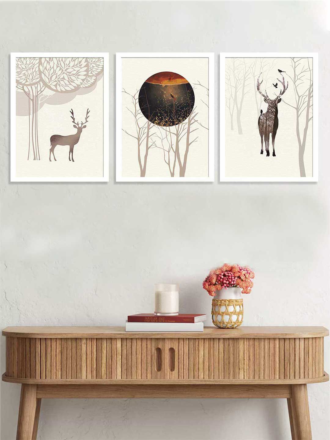 Art Street Set Of 3 Masala Brown Auspicious Deer Wall Art Price in India