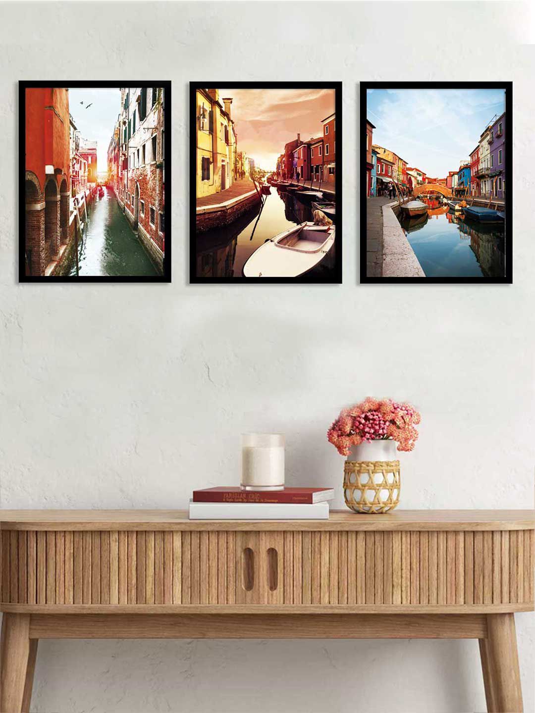Art Street Set Of 3 Red & Black Printed City Lake Framed Canvas Painting Wall Art Price in India